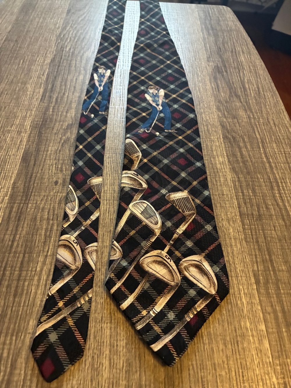 Murano Black Plaid Silk Tie with Golf Club Motif and Blue Golfers